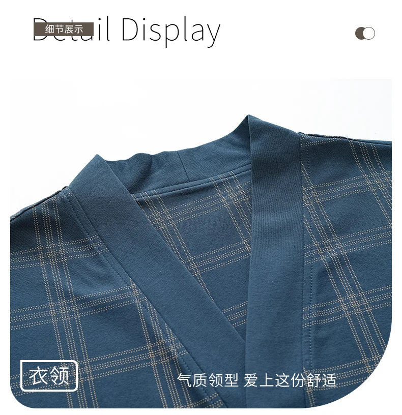 Conjunto de pijama estilo kimono japonés para hombre, tela tipo algodón a cuadros azul con botones en la parte delantera, bolsillos y cinturilla elástica L-4XL