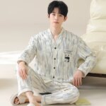 Conjunto de pijama estilo kimono japonés para hombre, tela tipo algodón a cuadros azul con botones en la parte delantera, bolsillos y cinturilla elástica L-4XL - Imagen 4