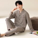 Conjunto de pijama estilo kimono japonés para hombre, tela tipo algodón a cuadros azul con botones en la parte delantera, bolsillos y cinturilla elástica L-4XL - Imagen 3