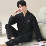 Conjunto de pijama estilo kimono japonés para hombre, tela tipo algodón a cuadros azul con botones en la parte delantera, bolsillos y cinturilla elástica L-4XL - Imagen 5