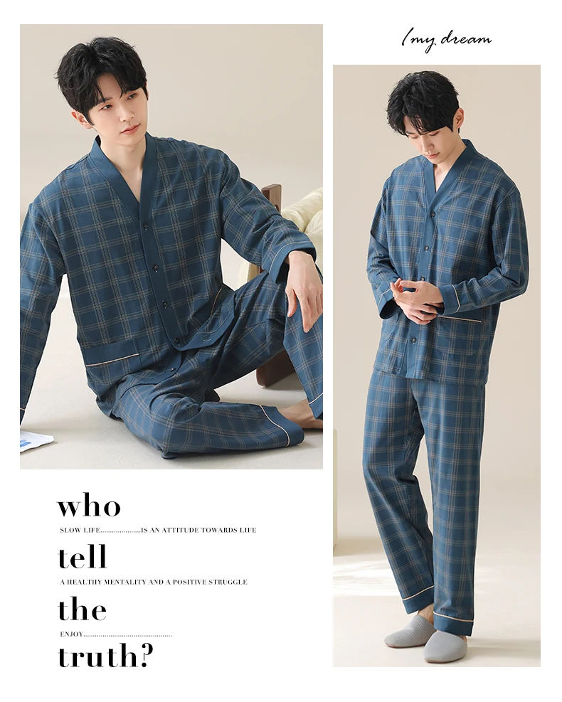 Conjunto de pijama estilo kimono japonés para hombre, tela tipo algodón a cuadros azul con botones en la parte delantera, bolsillos y cinturilla elástica L-4XL