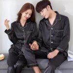 Ropa de dormir de Color sólido, pijamas de satén de seda, conjunto para parejas, Pijama largo con botones, Pijama, ropa de descanso para hombres y mujeres, conjunto Pj de talla grande - Imagen 3