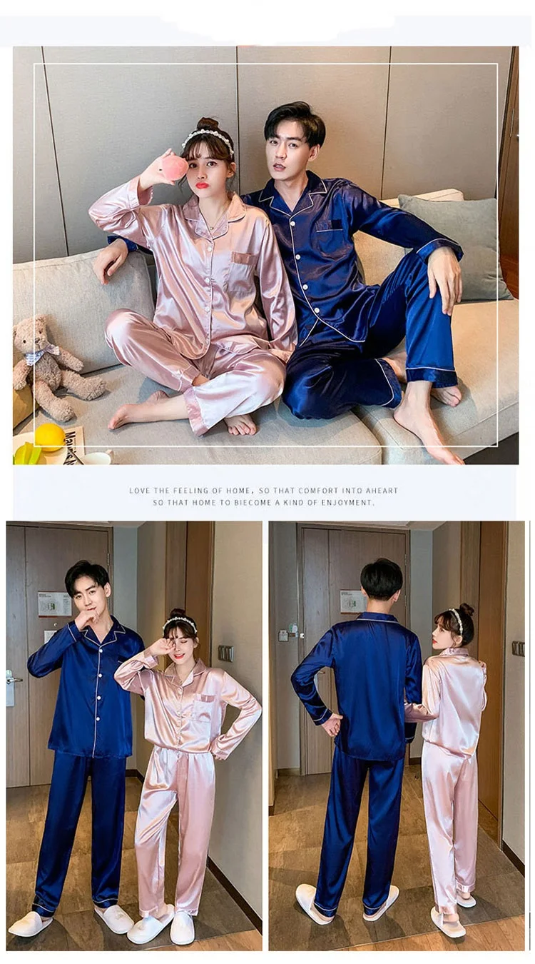 Ropa de dormir de Color sólido, pijamas de satén de seda, conjunto para parejas, Pijama largo con botones, Pijama, ropa de descanso para hombres y mujeres, conjunto Pj de talla grande