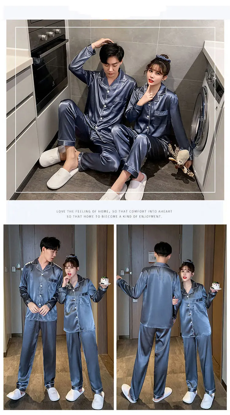Ropa de dormir de Color sólido, pijamas de satén de seda, conjunto para parejas, Pijama largo con botones, Pijama, ropa de descanso para hombres y mujeres, conjunto Pj de talla grande