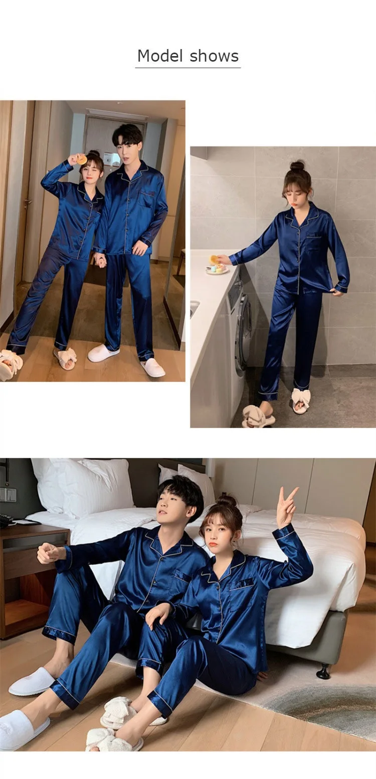 Ropa de dormir de Color sólido, pijamas de satén de seda, conjunto para parejas, Pijama largo con botones, Pijama, ropa de descanso para hombres y mujeres, conjunto Pj de talla grande