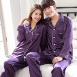 Ropa de dormir de Color sólido, pijamas de satén de seda, conjunto para parejas, Pijama largo con botones, Pijama, ropa de descanso para hombres y mujeres, conjunto Pj de talla grande - Imagen 5