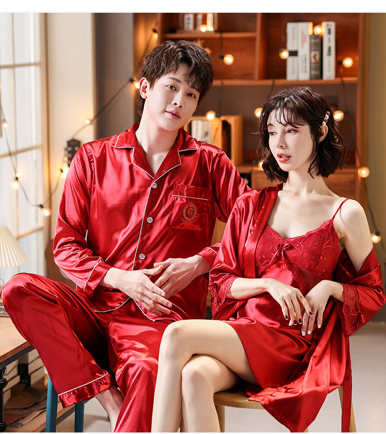 Conjunto de pijamas de seda para dormir para parejas, camisón con tirantes de encaje para mujer con batas, ropa de dormir de boda para novia, conjunto de camisón para hombre