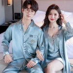 Conjunto de pijamas de seda para dormir para parejas, camisón con tirantes de encaje para mujer con batas, ropa de dormir de boda para novia, conjunto de camisón para hombre - Imagen 4