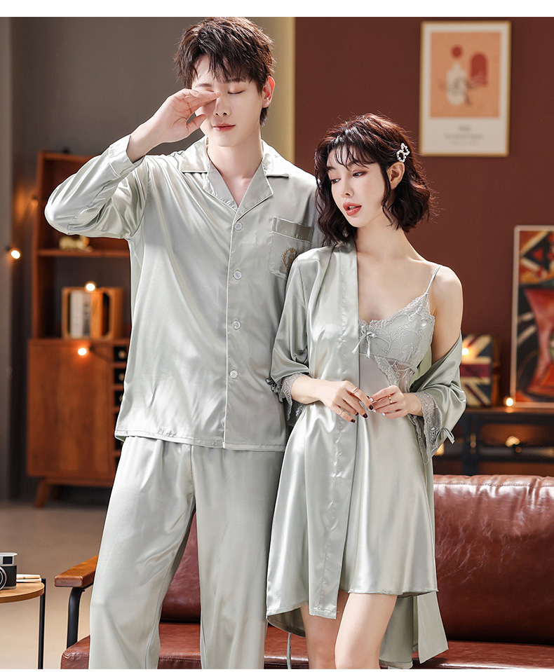 Conjunto de pijamas de seda para dormir para parejas, camisón con tirantes de encaje para mujer con batas, ropa de dormir de boda para novia, conjunto de camisón para hombre