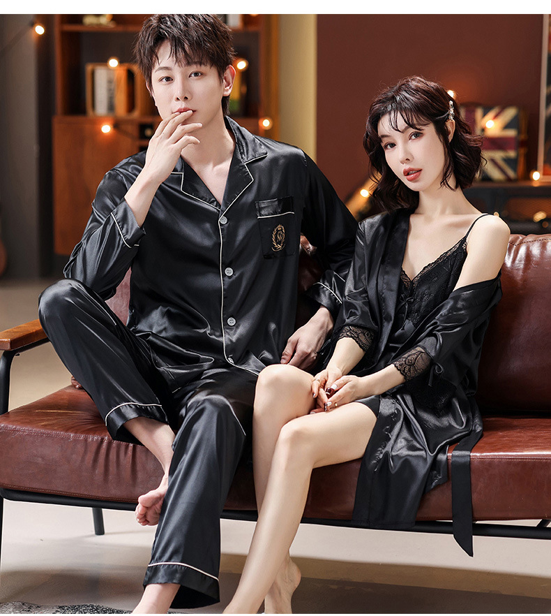 Conjunto de pijamas de seda para dormir para parejas, camisón con tirantes de encaje para mujer con batas, ropa de dormir de boda para novia, conjunto de camisón para hombre
