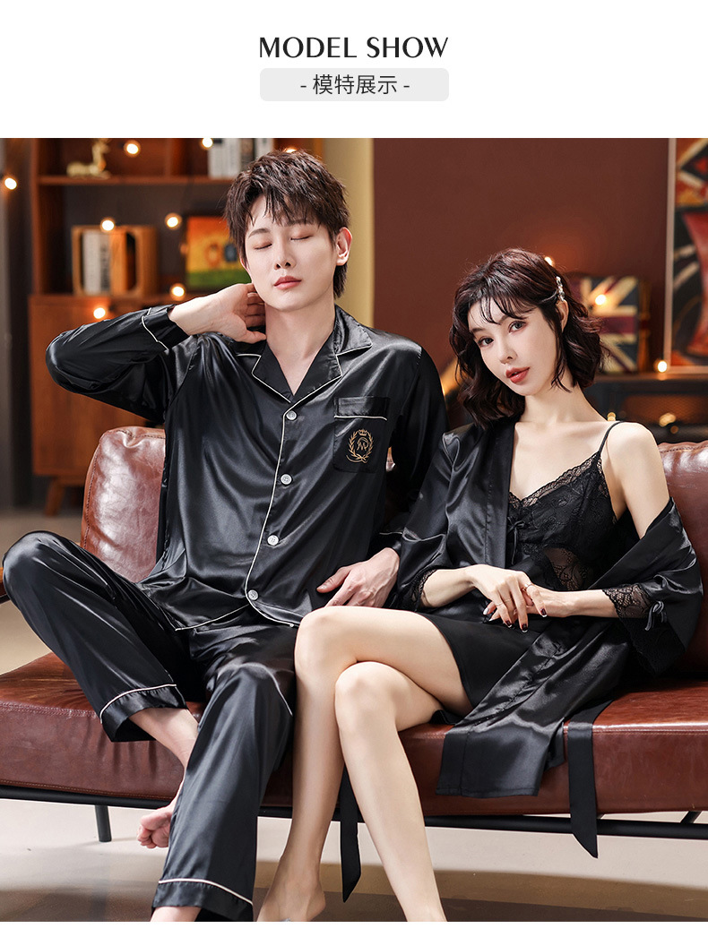Conjunto de pijamas de seda para dormir para parejas, camisón con tirantes de encaje para mujer con batas, ropa de dormir de boda para novia, conjunto de camisón para hombre