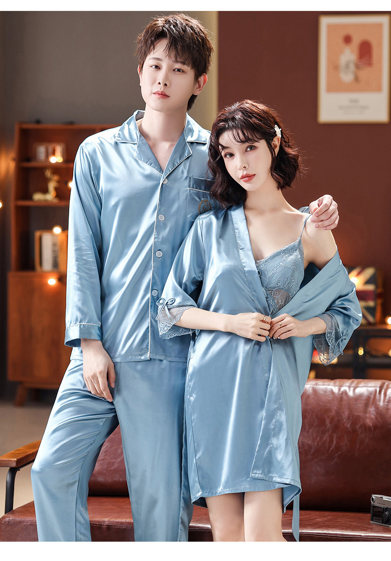 Conjunto de pijamas de seda para dormir para parejas, camisón con tirantes de encaje para mujer con batas, ropa de dormir de boda para novia, conjunto de camisón para hombre