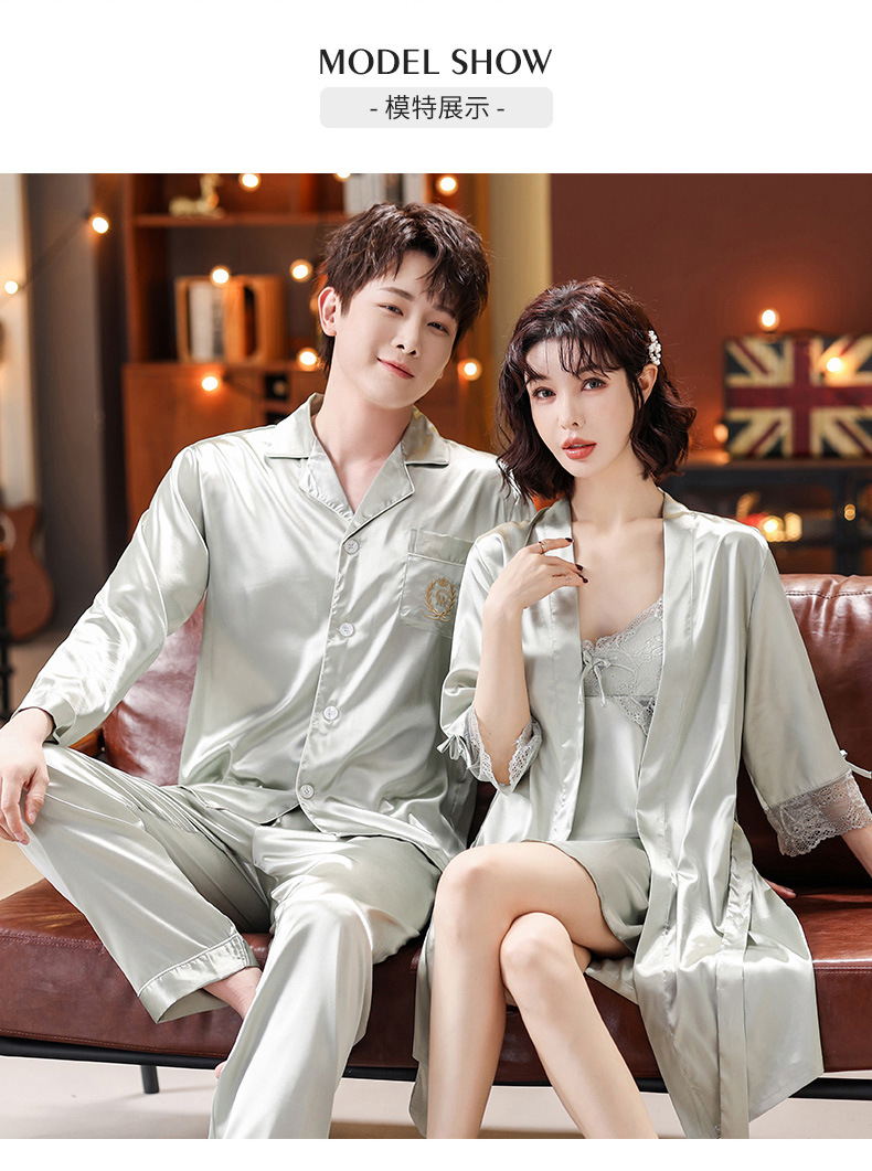 Conjunto de pijamas de seda para dormir para parejas, camisón con tirantes de encaje para mujer con batas, ropa de dormir de boda para novia, conjunto de camisón para hombre
