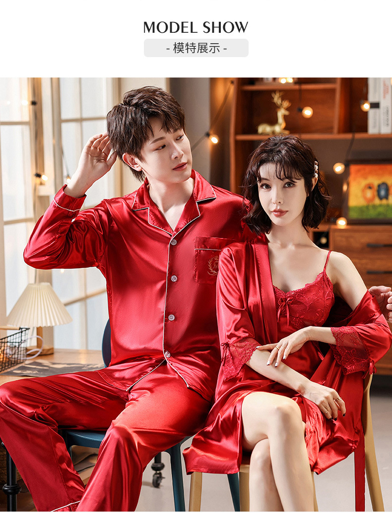 Conjunto de pijamas de seda para dormir para parejas, camisón con tirantes de encaje para mujer con batas, ropa de dormir de boda para novia, conjunto de camisón para hombre