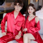 Conjunto de pijamas de seda para dormir para parejas, camisón con tirantes de encaje para mujer con batas, ropa de dormir de boda para novia, conjunto de camisón para hombre - Imagen 6