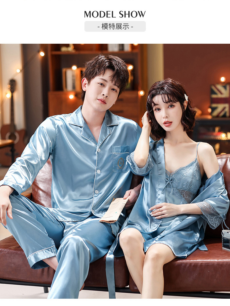 Conjunto de pijamas de seda para dormir para parejas, camisón con tirantes de encaje para mujer con batas, ropa de dormir de boda para novia, conjunto de camisón para hombre