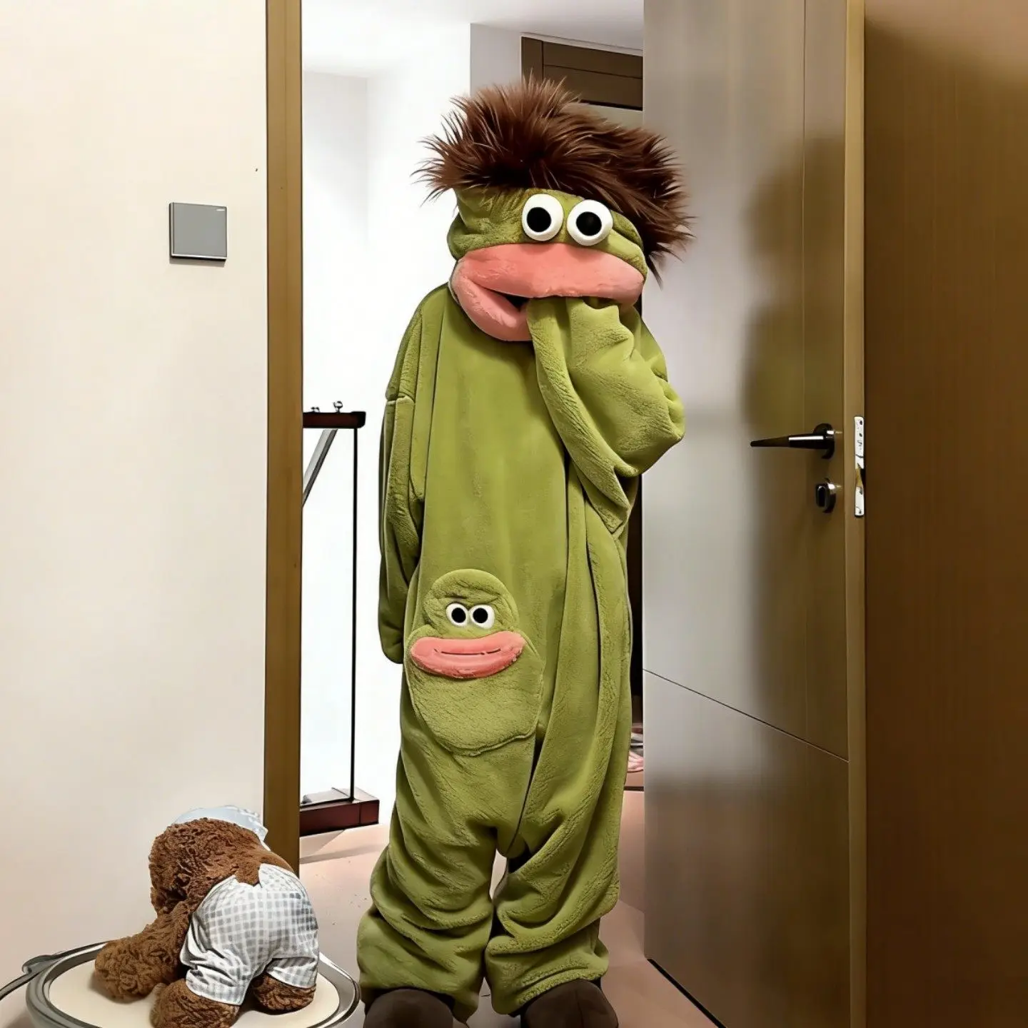 Pijama de una pieza con diseño de monstruo de boca grande, lindo y divertido, de forro polar grueso, ropa de casa para parejas, hombres y mujeres, pijama de dibujos animados para otoño e invierno.