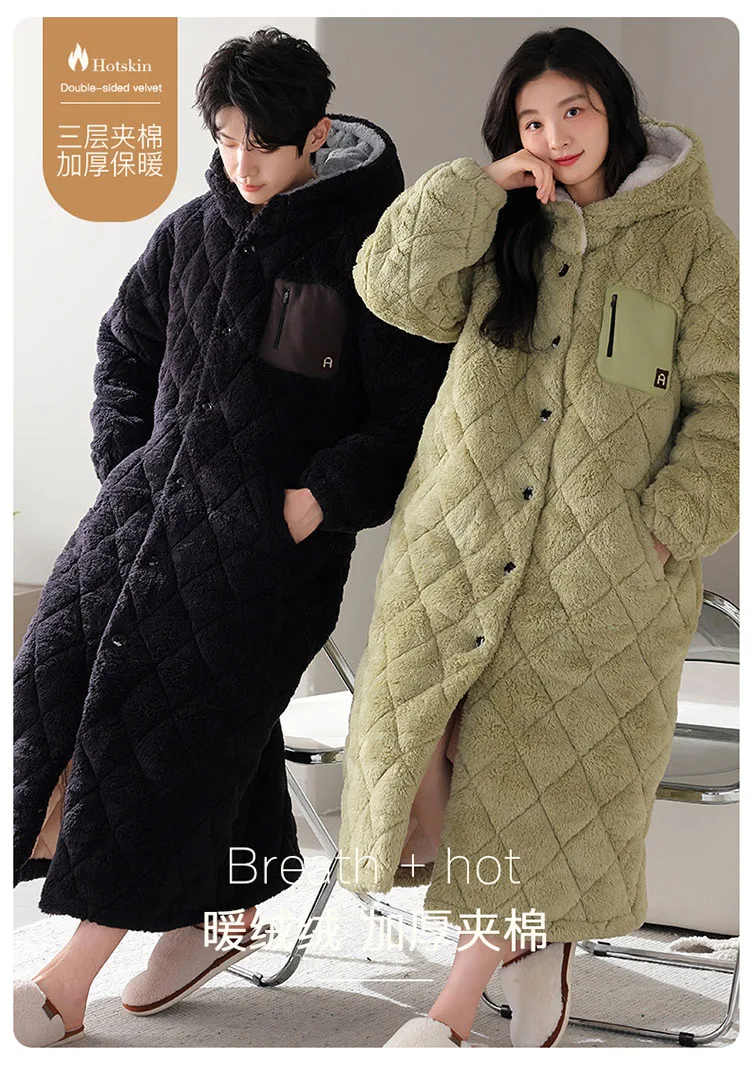 Conjunto de pijamas con capucha para pareja de invierno, pijamas gruesos y cálidos de algodón con Clip de 3 capas, ropa informal suave para el hogar para hombres y mujeres