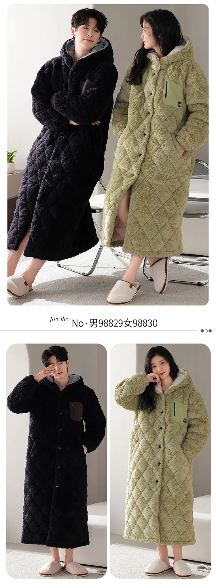 Conjunto de pijamas con capucha para pareja de invierno, pijamas gruesos y cálidos de algodón con Clip de 3 capas, ropa informal suave para el hogar para hombres y mujeres