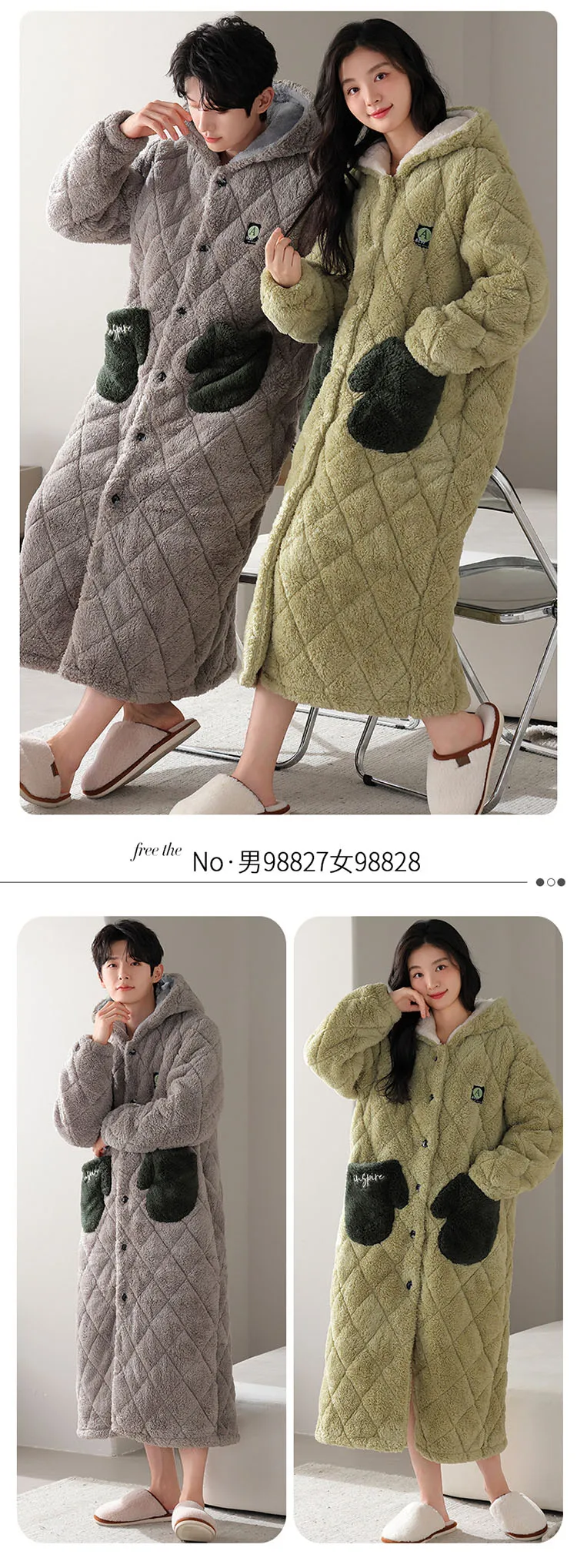 Conjunto de pijamas con capucha para pareja de invierno, pijamas gruesos y cálidos de algodón con Clip de 3 capas, ropa informal suave para el hogar para hombres y mujeres