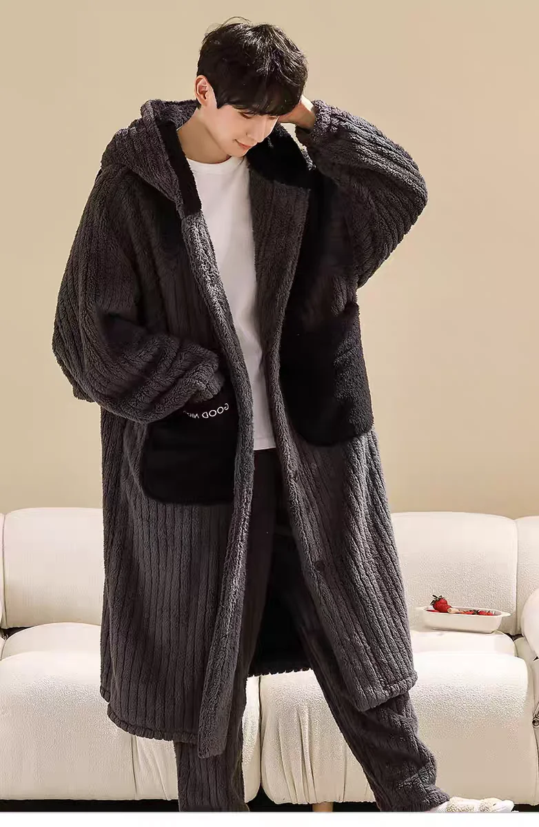 Bata con capucha de forro polar coral ueso para parejas, conjunto de pijamas casus de invierno, bata de baño de manga la...