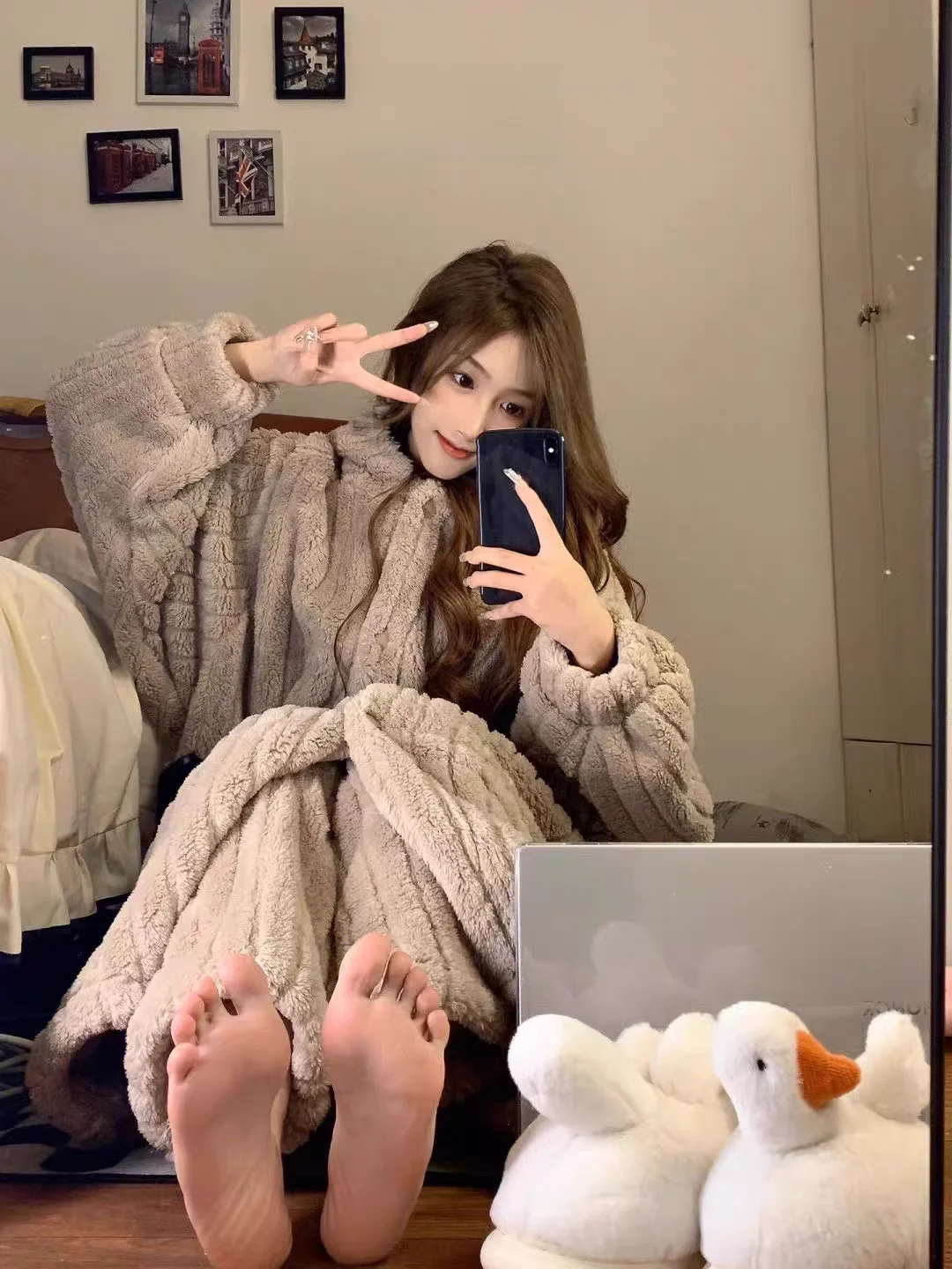 Bata con capucha de forro polar coral ueso para parejas, conjunto de pijamas casus de invierno, bata de baño de manga la...