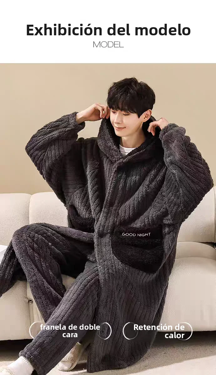 Bata con capucha de forro polar coral ueso para parejas, conjunto de pijamas casus de invierno, bata de baño de manga la...