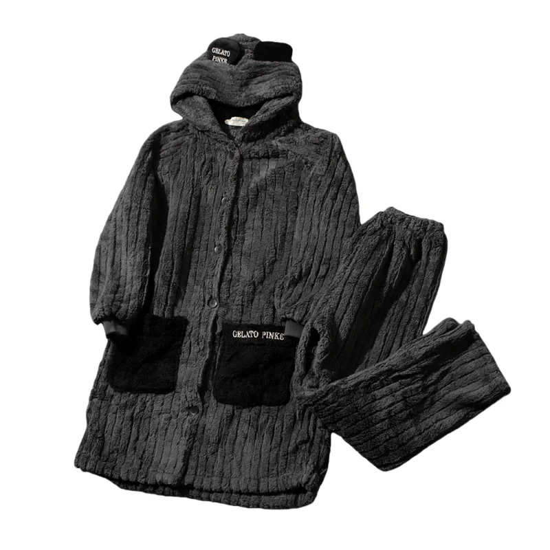 Bata con capucha de forro polar coral ueso para parejas, conjunto de pijamas casus de invierno, bata de baño de manga la...
