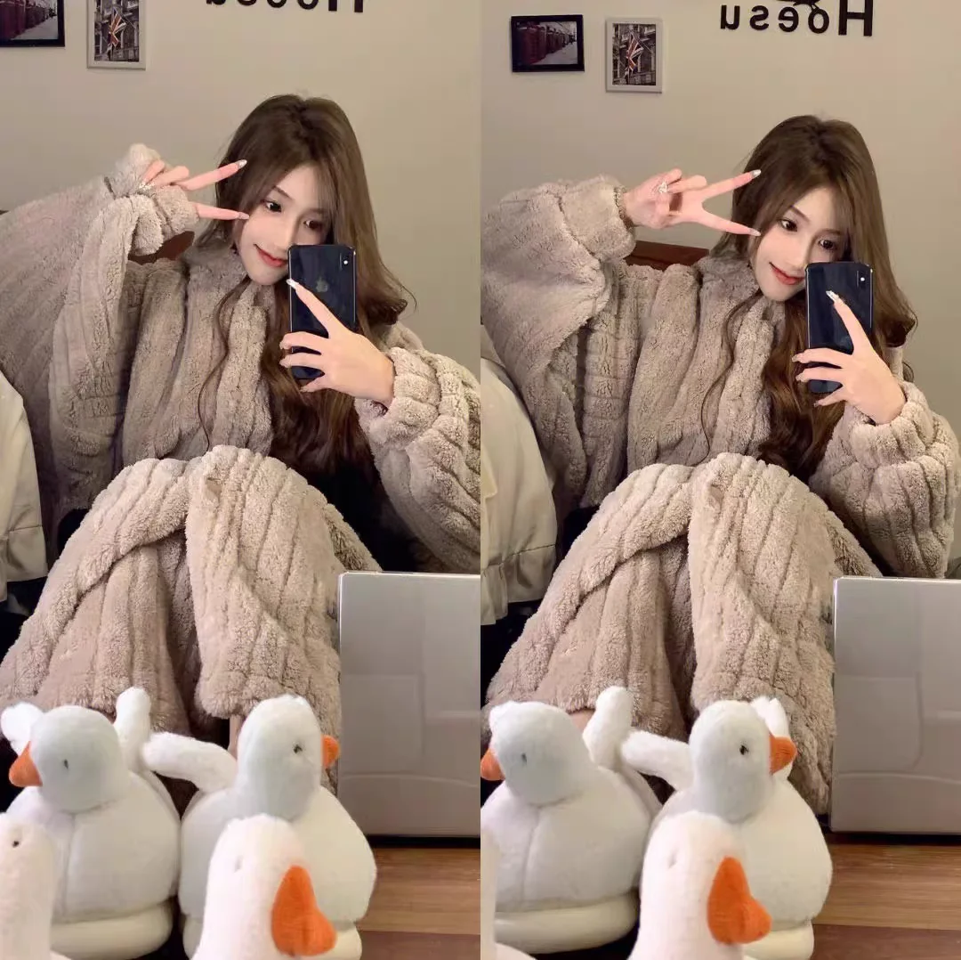 Bata con capucha de forro polar coral ueso para parejas, conjunto de pijamas casus de invierno, bata de baño de manga la...