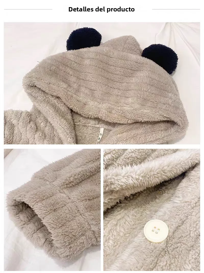Bata con capucha de forro polar coral ueso para parejas, conjunto de pijamas casus de invierno, bata de baño de manga la...