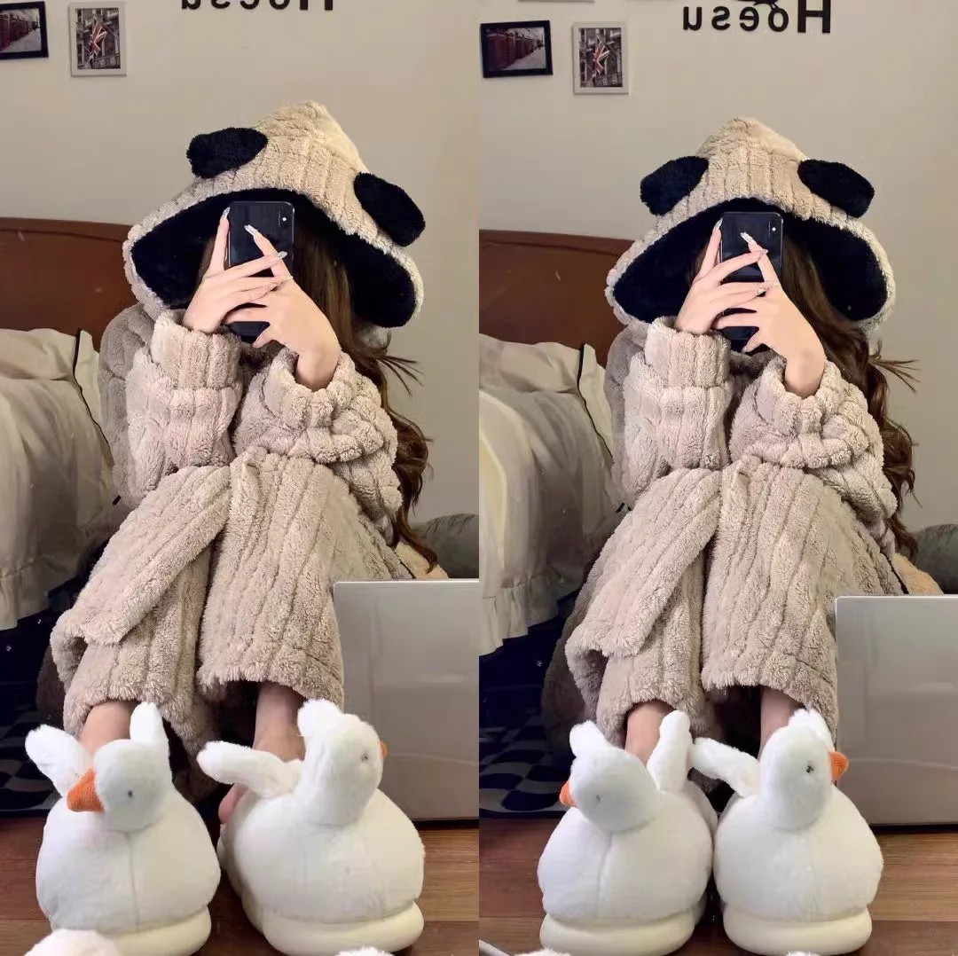 Bata con capucha de forro polar coral ueso para parejas, conjunto de pijamas casus de invierno, bata de baño de manga la...