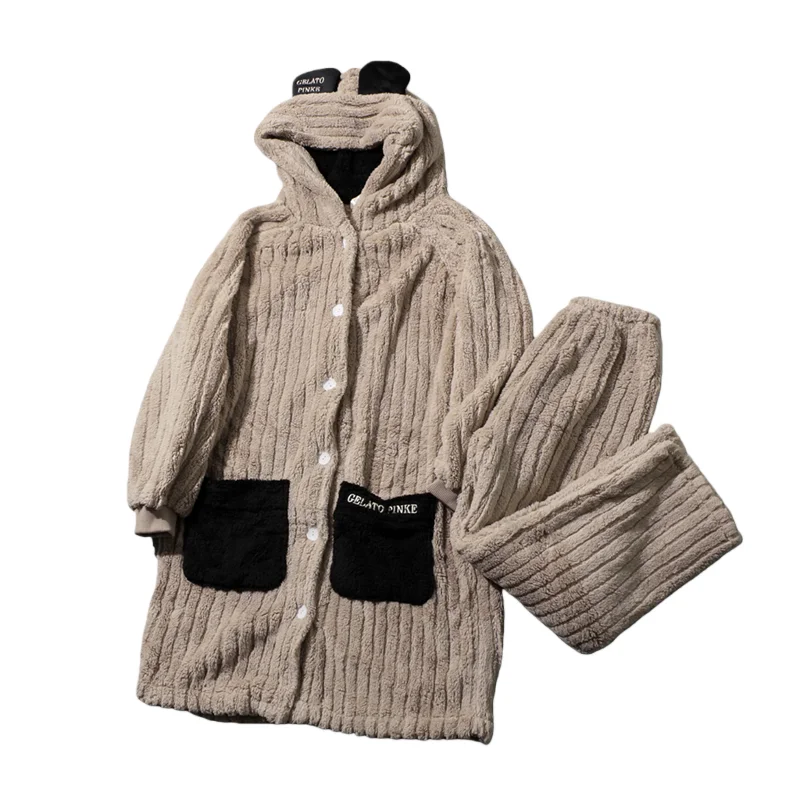 Bata con capucha de forro polar coral ueso para parejas, conjunto de pijamas casus de invierno, bata de baño de manga la...