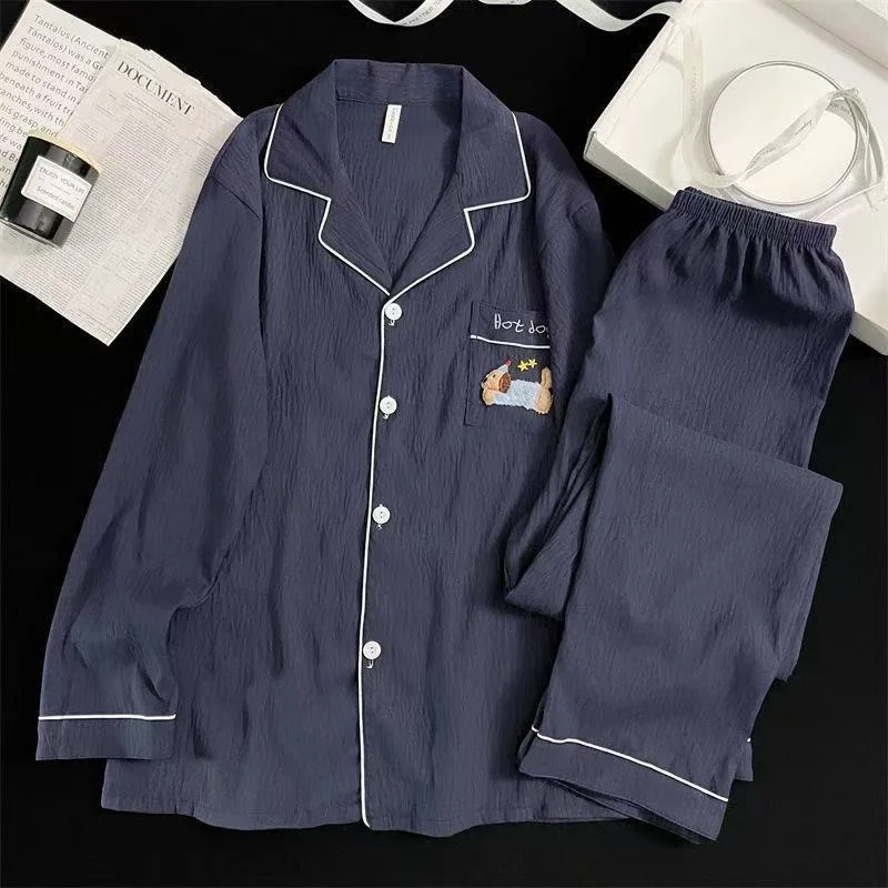 Ropa de dormir de manga larga de algodón puro para hombre, conjunto de ropa informal holgada y cómoda a rayas para el hogar, ...