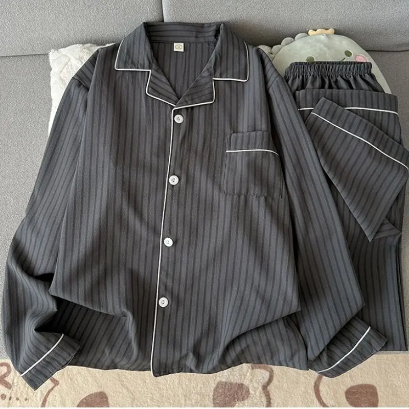 Ropa de dormir de manga larga de algodón puro para hombre, conjunto de ropa informal holgada y cómoda a rayas para el hogar, ...