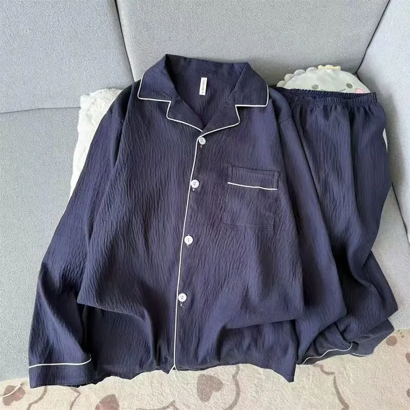 Ropa de dormir de manga larga de algodón puro para hombre, conjunto de ropa informal holgada y cómoda a rayas para el hogar, ...
