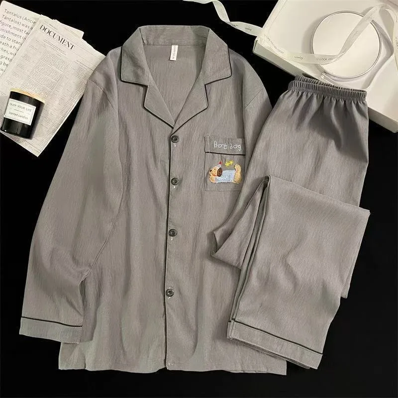 Ropa de dormir de manga larga de algodón puro para hombre, conjunto de ropa informal holgada y cómoda a rayas para el hogar, ...