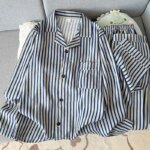 Ropa de dormir de manga larga de algodón puro para hombre, conjunto de ropa informal holgada y cómoda a rayas para el hogar, ...
