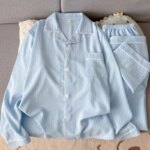 Ropa de dormir de manga larga de algodón puro para hombre, conjunto de ropa informal holgada y cómoda a rayas para el hogar, ... - Imagen 3
