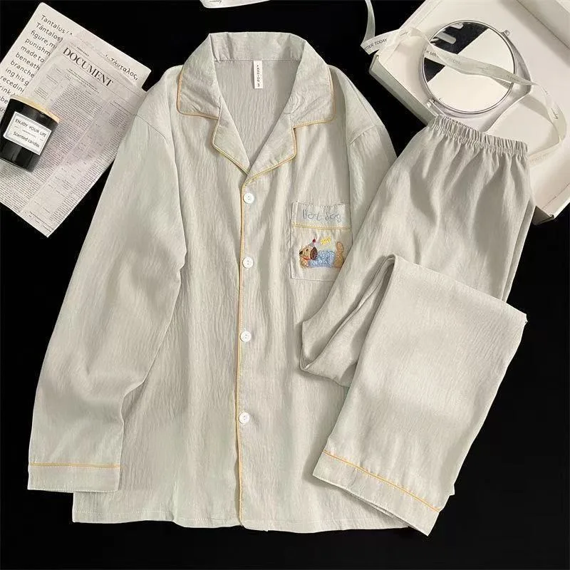 Ropa de dormir de manga larga de algodón puro para hombre, conjunto de ropa informal holgada y cómoda a rayas para el hogar, ...
