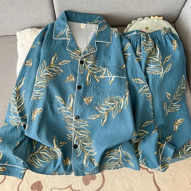 Ropa de dormir de manga larga de algodón puro para hombre, conjunto de ropa informal holgada y cómoda a rayas para el hogar, ...