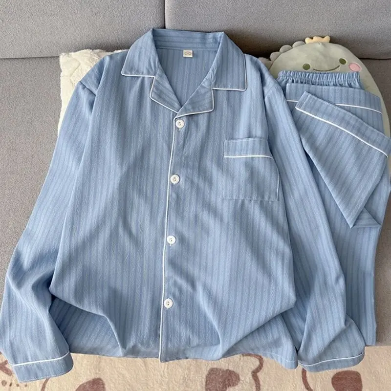 Ropa de dormir de manga larga de algodón puro para hombre, conjunto de ropa informal holgada y cómoda a rayas para el hogar, ...