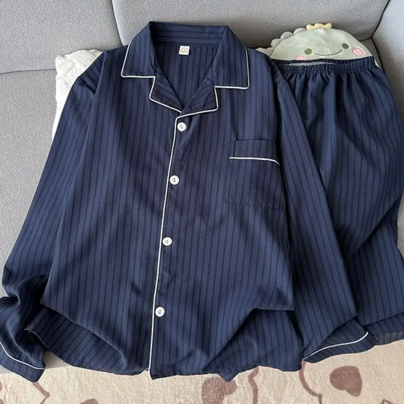 Ropa de dormir de manga larga de algodón puro para hombre, conjunto de ropa informal holgada y cómoda a rayas para el hogar, ...