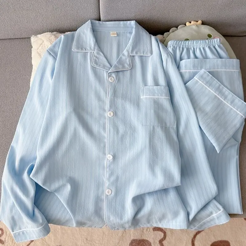 Ropa de dormir de manga larga de algodón puro para hombre, conjunto de ropa informal holgada y cómoda a rayas para el hogar, ...