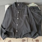 Ropa de dormir de manga larga de algodón puro para hombre, conjunto de ropa informal holgada y cómoda a rayas para el hogar, ... - Imagen 5