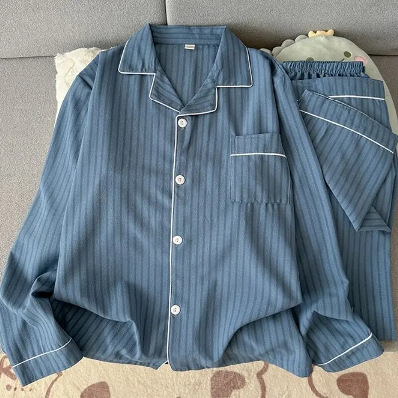 Ropa de dormir de manga larga de algodón puro para hombre, conjunto de ropa informal holgada y cómoda a rayas para el hogar, ...
