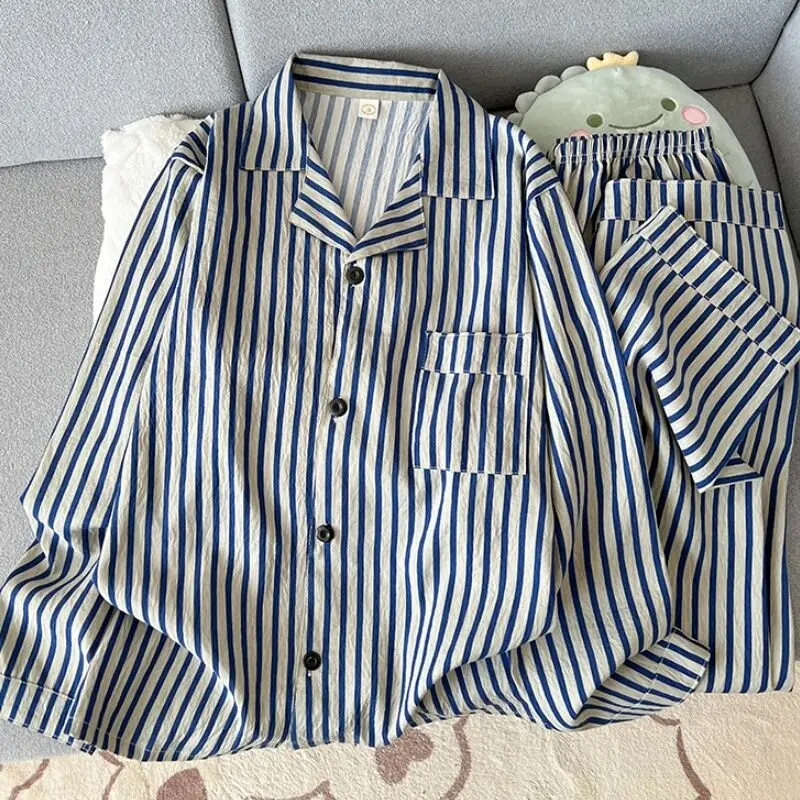 Ropa de dormir de manga larga de algodón puro para hombre, conjunto de ropa informal holgada y cómoda a rayas para el hogar, ...