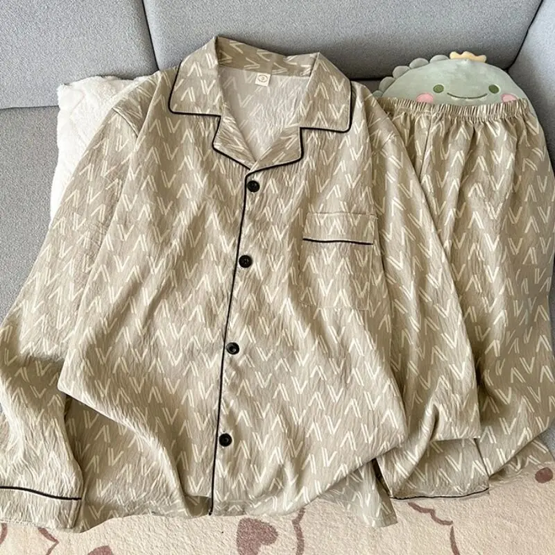 Ropa de dormir de manga larga de algodón puro para hombre, conjunto de ropa informal holgada y cómoda a rayas para el hogar, ...