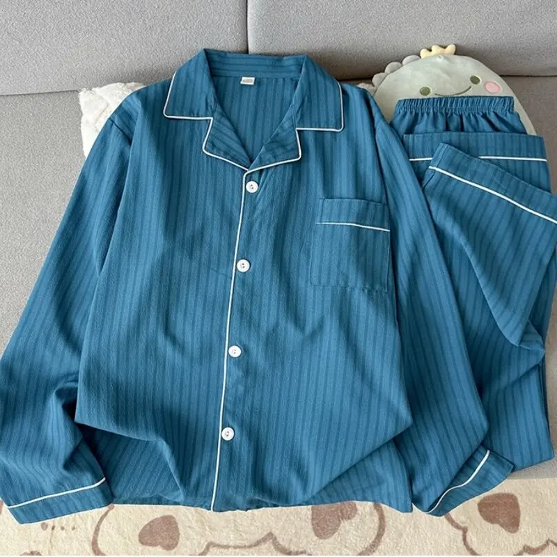 Ropa de dormir de manga larga de algodón puro para hombre, conjunto de ropa informal holgada y cómoda a rayas para el hogar, ...