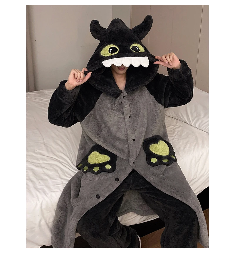 Pijamas de Forro Polar Coral para Hombre, Ropa de Casa Gruesa, Bata de Baño Cálida de Invierno, Diseño Juvenil de Dibujos Ani...