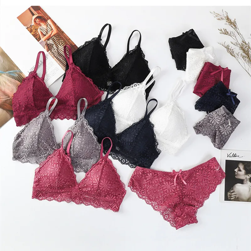 29601-o2zquu.jpg Conjunto de sujetador y bragas de encaje floral para mujer, lencería sexy, sujetador sin aros, bragas de tiro bajo, conjunto de ropa interior, talla única. - Imagen 1
